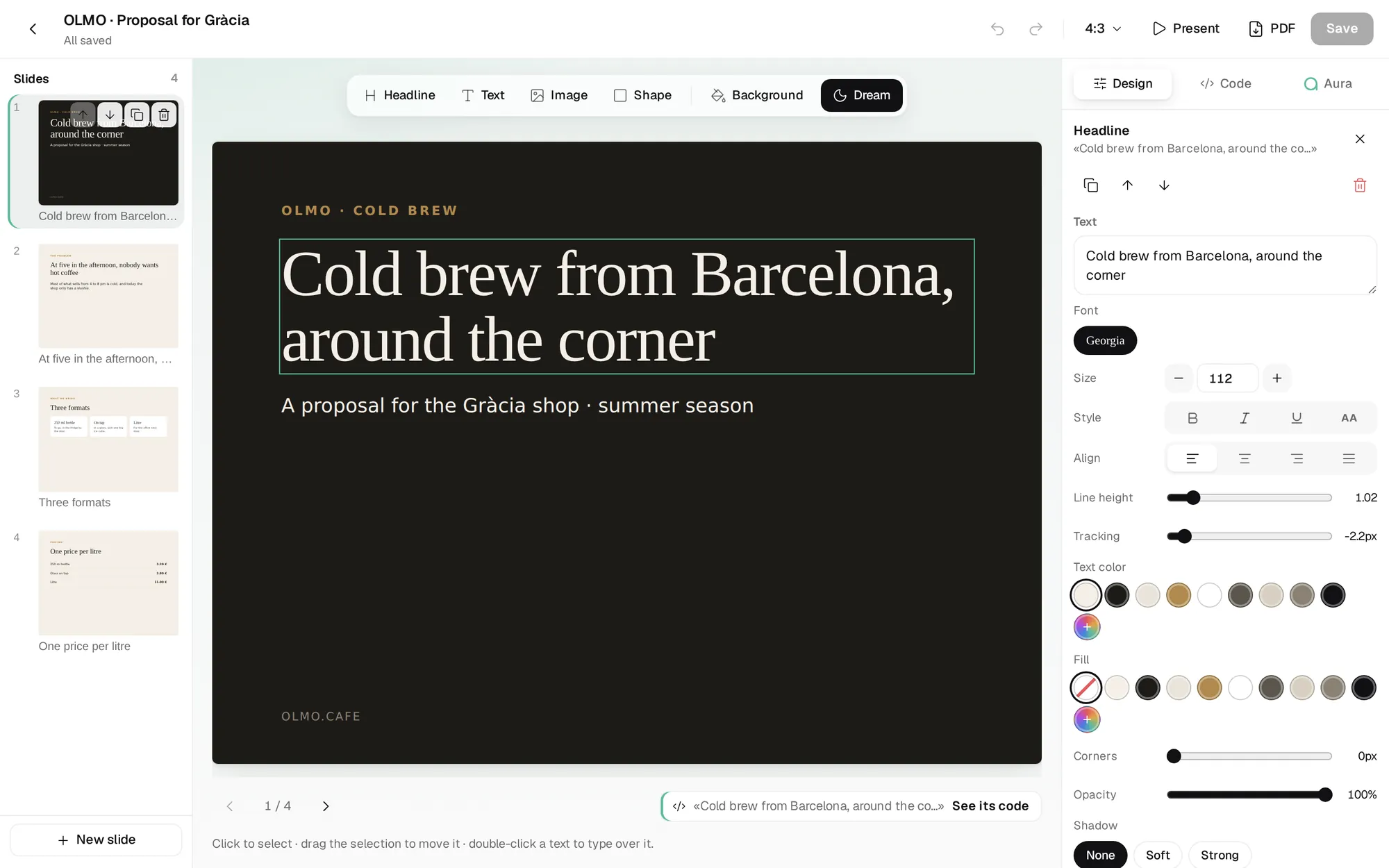 The Aura Studio deck editor with the cover of a proposal for OLMO, a sample brand, and the design panel open.