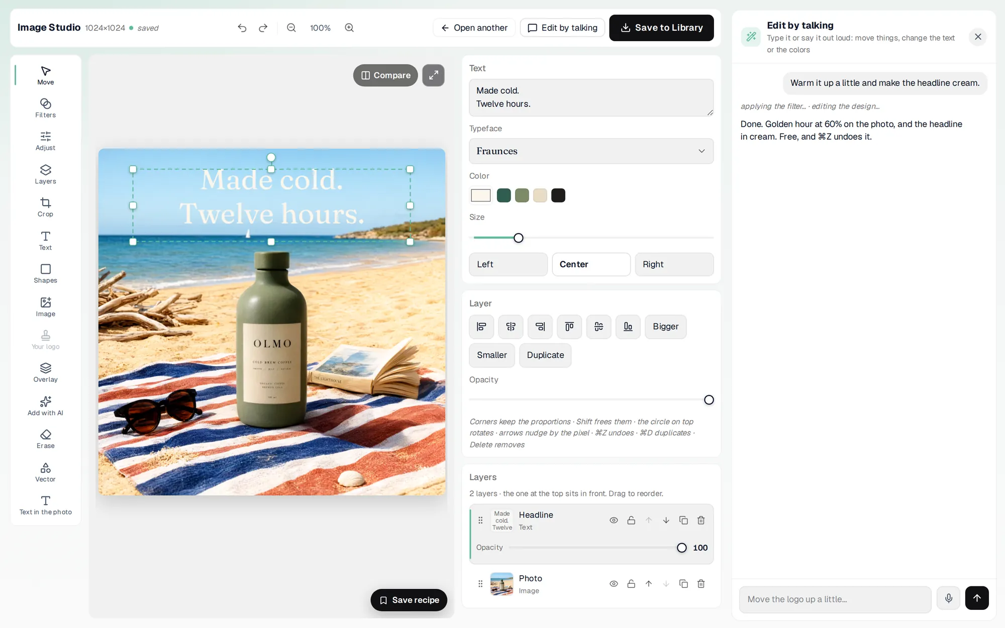 The Aura Studio photo editor with a photo for OLMO, a sample brand, and its headline in editable layers.