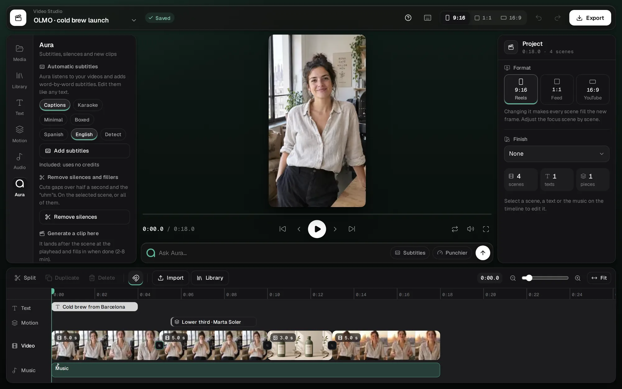 El editor de vídeo de Aura Studio con un reel vertical de OLMO, una marca de ejemplo, en la línea de tiempo.