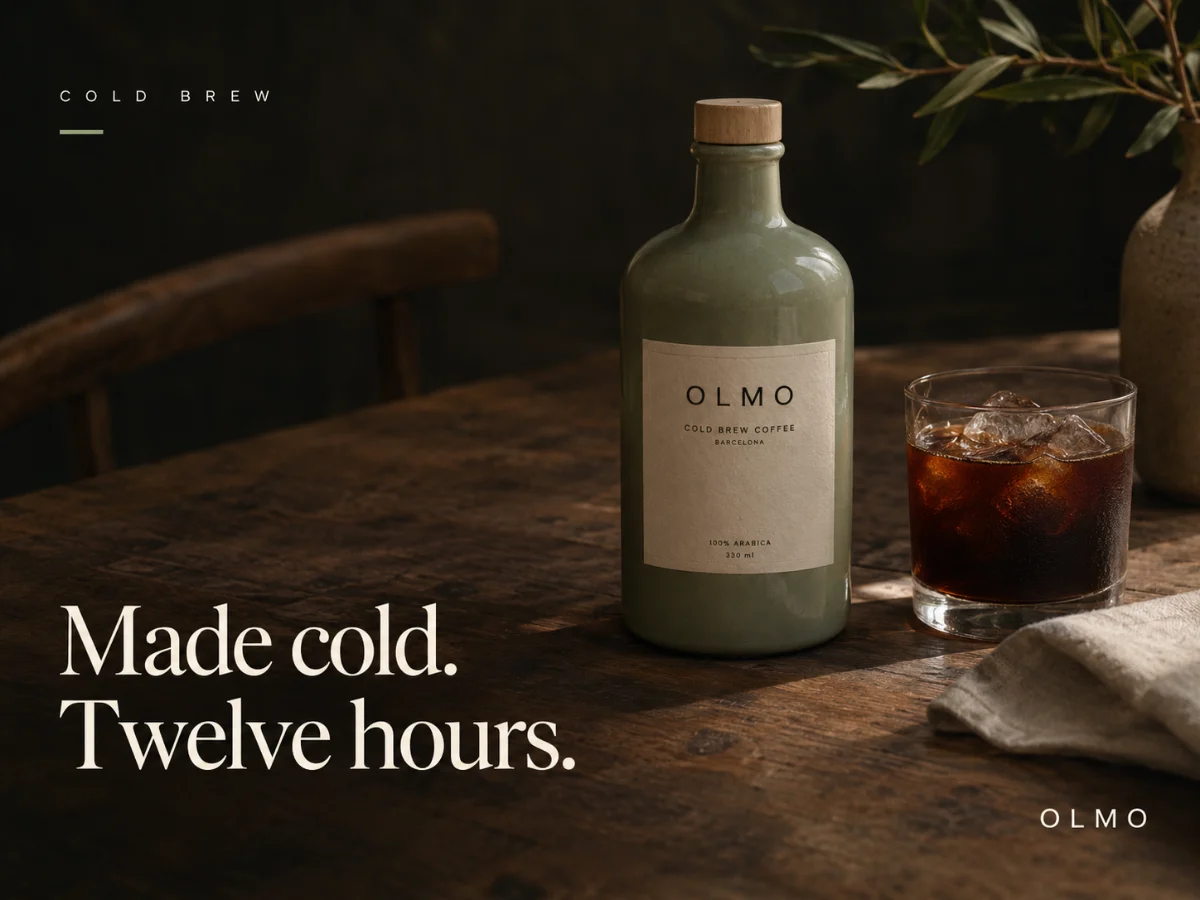 Sample slide for OLMO: the bottle on a dark wooden table with a serif headline