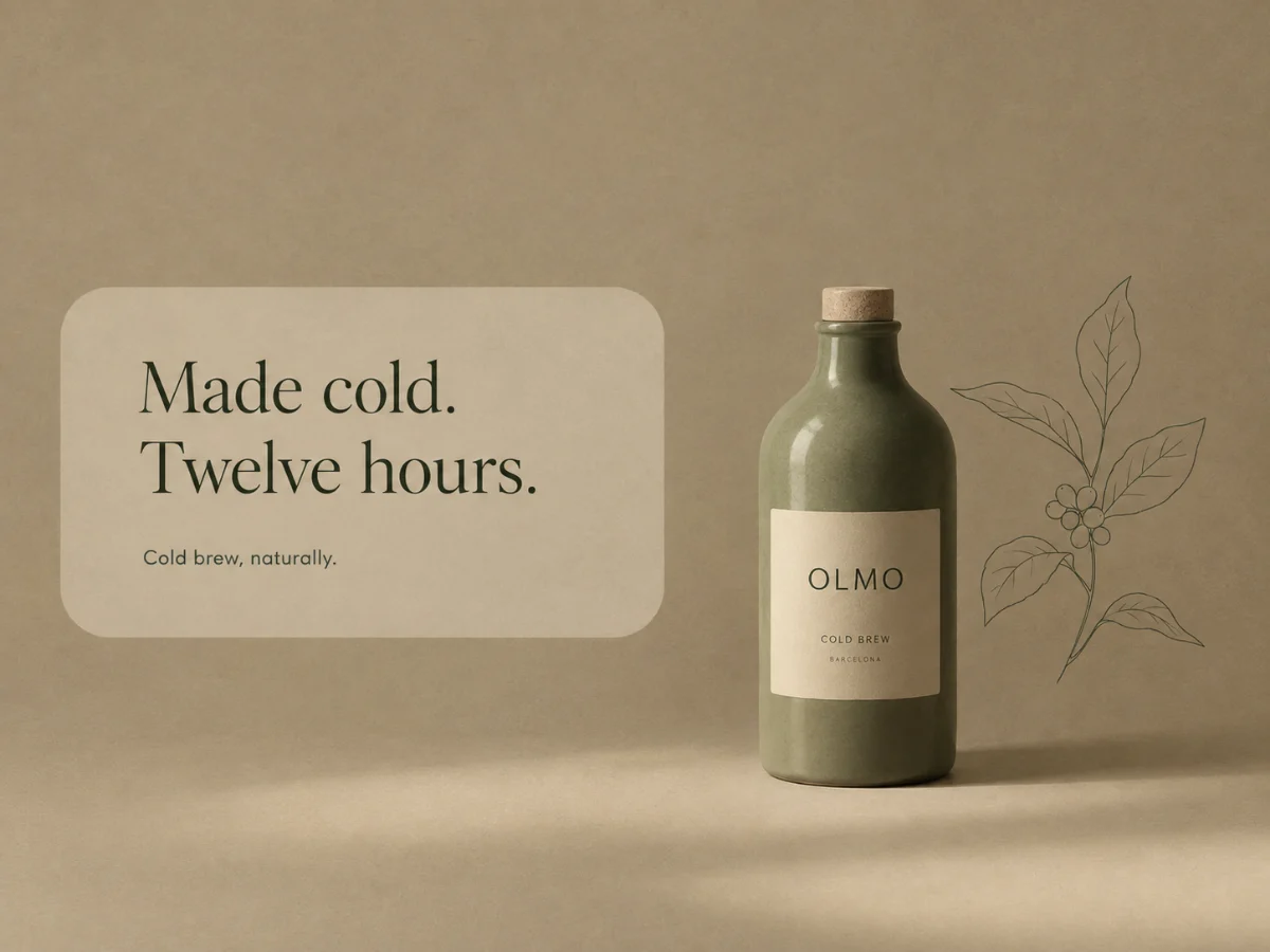 Another direction for OLMO: light paper background, the bottle to one side and the headline in a box